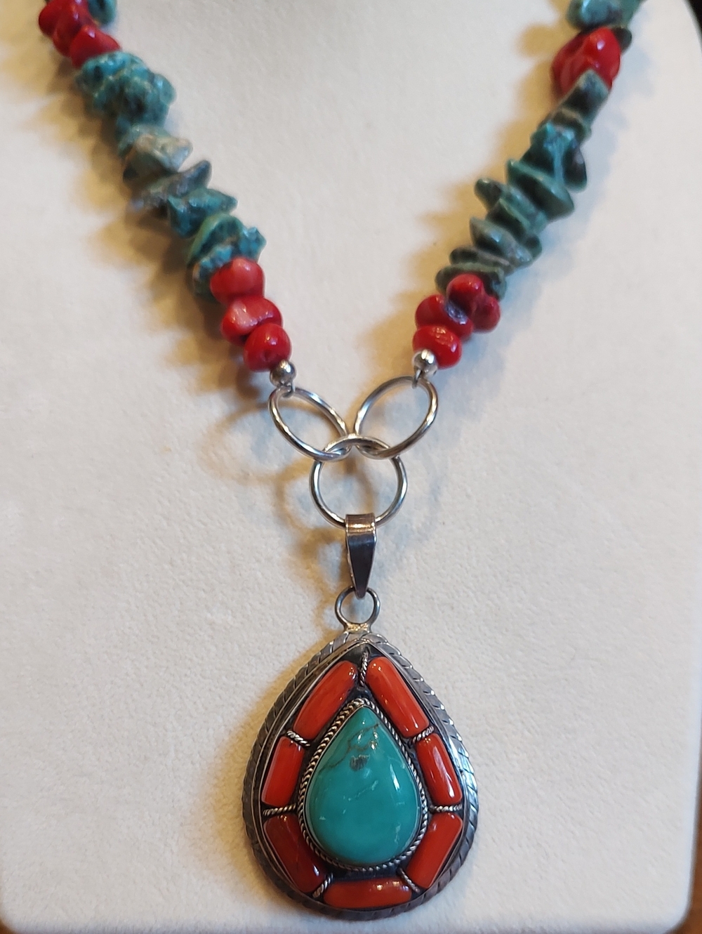 925 Sterling Turquoise And Coral Tibetan Pendant With Turquoise/Coral Beads 19"